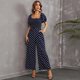 thumbnail image 2 of Love Welove Moda Mujer Floral Manga corta Cintura alta Pantalones de pierna ancha Casual Suelto Reunido Mono Azul marino Lunares Medio, 2 of 5