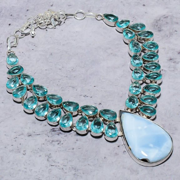 Natural Owyhee Opal Blue Topaz Gemstone Necklace 18"  925 Sterling Silver