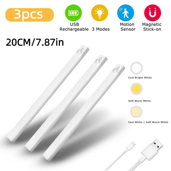 3-Pack Motion-Activated LED Night Lights – Dimmable, USB Rechargeable, 3 Color Temperatures (3000K/4500K/6000K) for Under Cabinet, Kitchen, Stairs, Bedroom & Piano Room