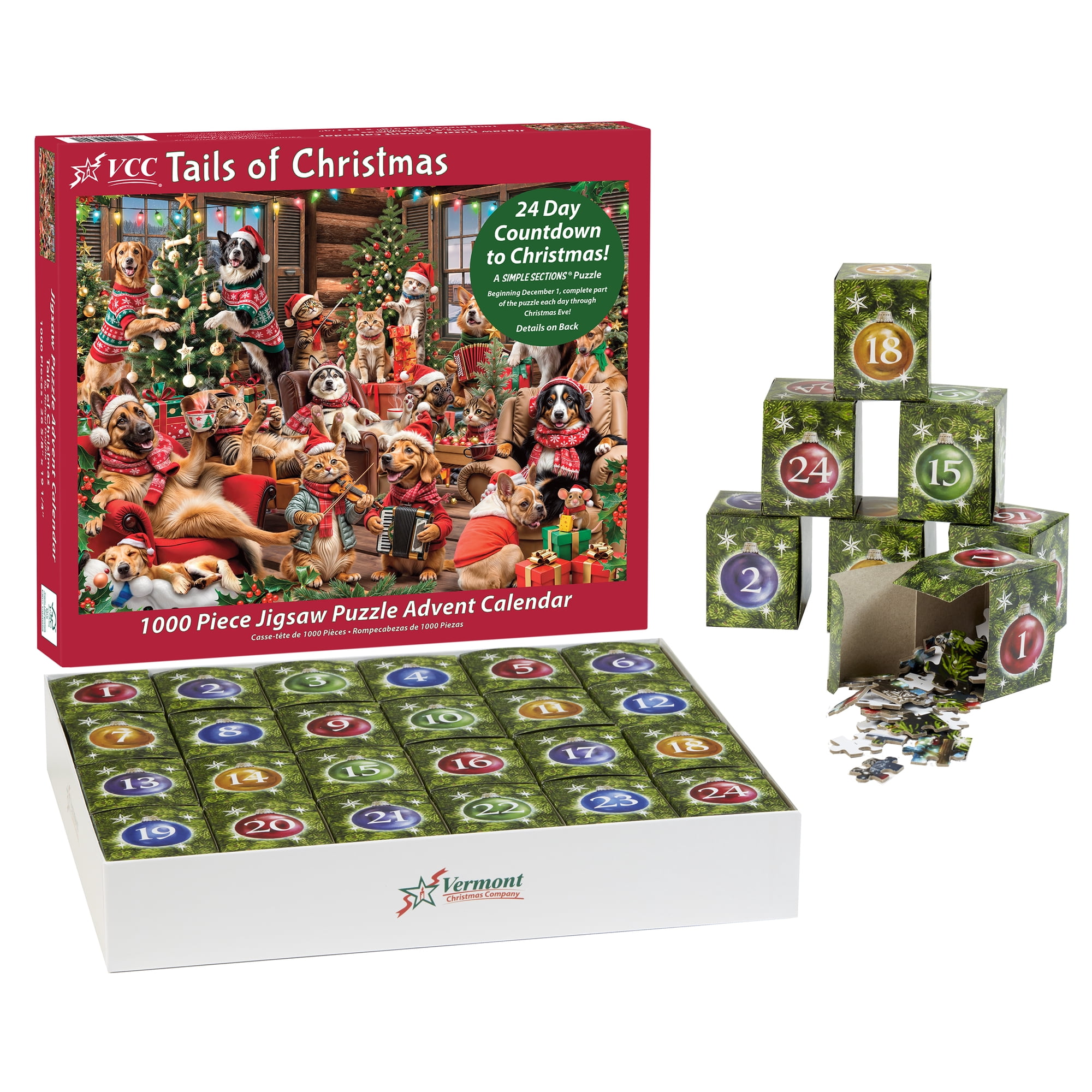 Jigsaw Puzzle Advent Calendar 1000 Pieces - Tails of Christmas Countdown Calendar - Fun Pet Themed Advent Calendar - A Simple Sections® Jigsaw Puzzle - Vermont Christmas Company