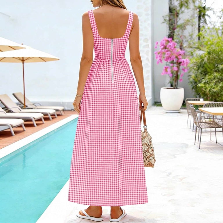 pink checkered casual dress Vivid Eden Women's Square Neck Backless Tie Strap A-Line Pink Plaid Dress,Summer  Boho Beach Vacation Holiday,Checkered Print Picnic Casual Summer Holiday  Outfits