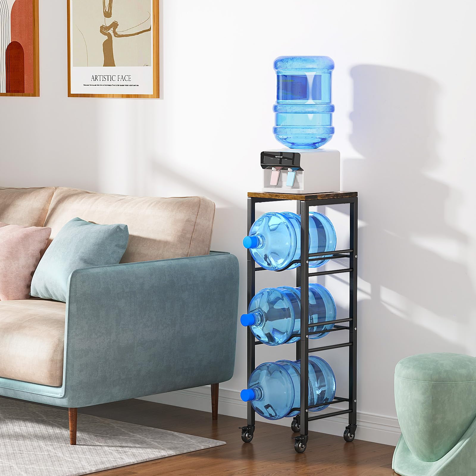 Housolution 3-Tier 5 Gallon Water Jug Holder with Storage Shelve, 5 Gallon Water Jug Rack with Lockable Wheels, 5 Gallon Water Bottle Holder, Water Jug Stand for Kitchen Office Living Room, Brown