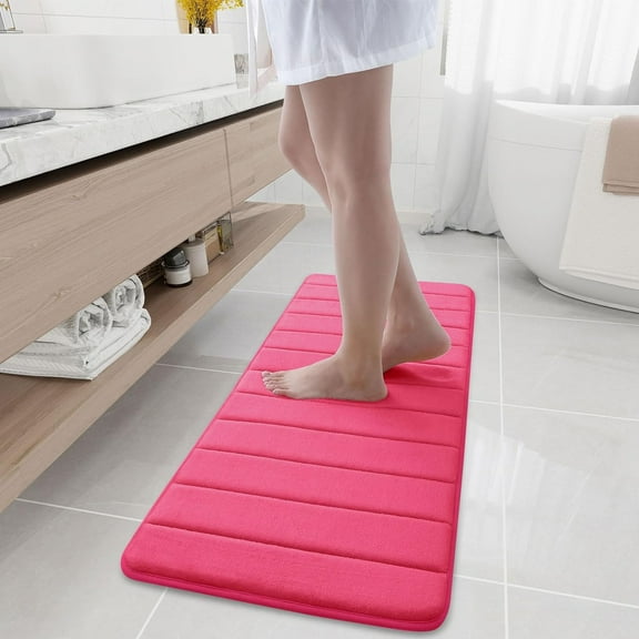 GUCADS-Memory Foam Bath Mat, 47" x 17", Ultra Soft and Non-Slip Bathroom Rugs, Water Absorbent and Machine Washable Bath Rug Runner for Bathroom, Shower, and Tub, Deep Pink