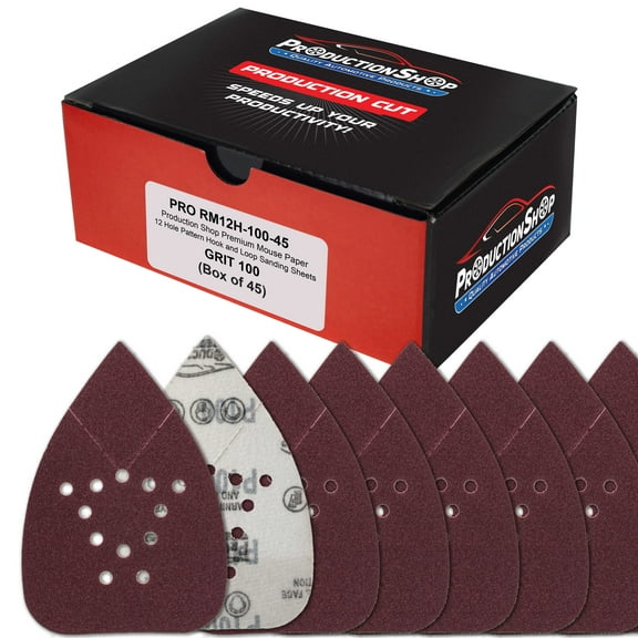 ProductionShop Premium 100 Grit 12-Hole Pattern Mouse Detail Sander Sandpaper Sheets, Box of 45 - Dustless Hook & Loop Triangle Shaped Mouse Disc Pads - Fits Black & Decker Woodworking Wood Furniture