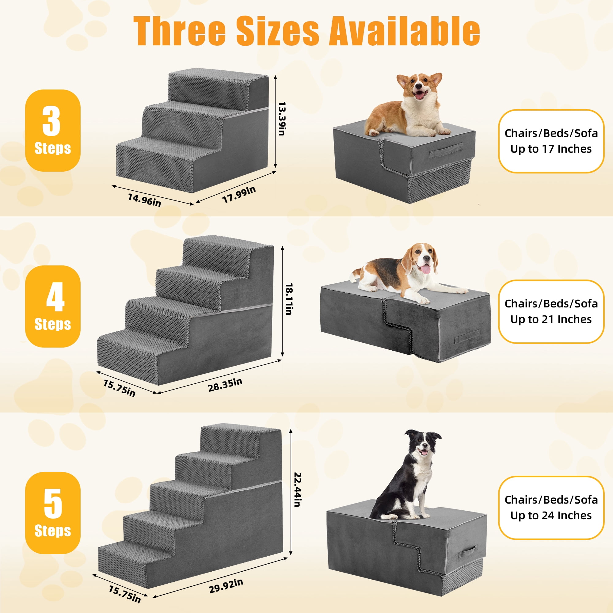 Gianna 24" Dog Stairs for Bed, 5-Step Non-Slip Pet Steps for Small Dogs and Cats, Indoor, Grey