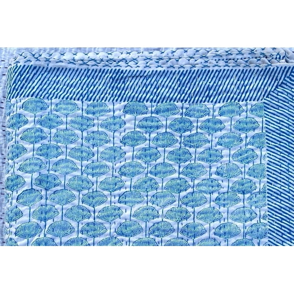 Ozark Textile Blue Floral Block Print Kantha Handmade Boho 100% Cotton Quilt