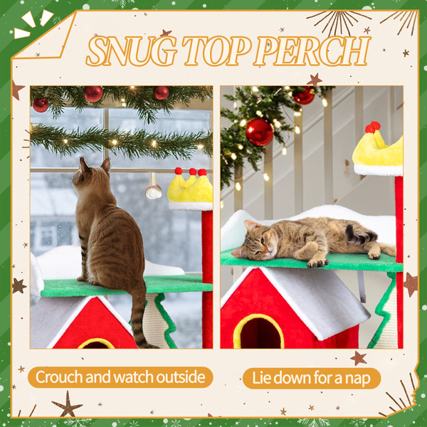 56in Christmas Cat Tree with 3 Condos & Crown Perch - Multi-Level Cat Tower with Sisal Ramps for Indoor Cats, Holiday Decor