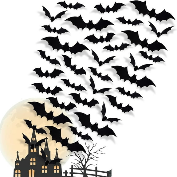 12 Pcs Halloween Scary Plastic 3D Bats Wall Decals Stickers, DIY Halloween Party Supplies PVC Decorative Scary Bats, Window Decor Party Supplies Decoration (Black)
