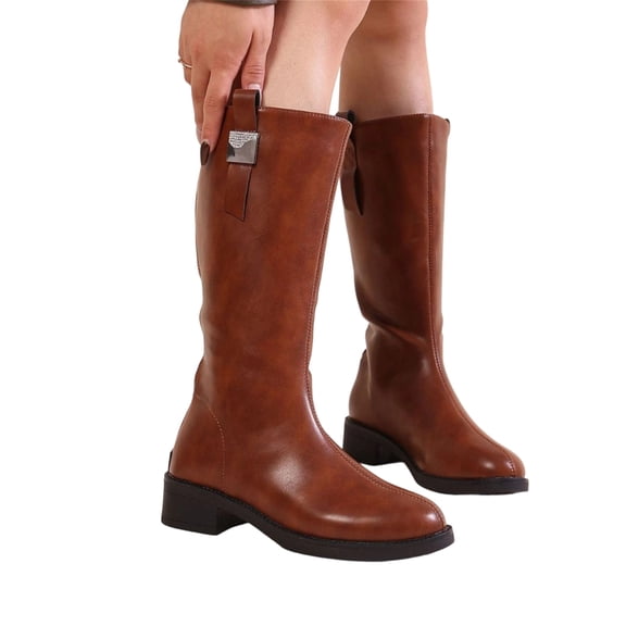 EKVAHL Women's Knee High Riding Boots, Faux Leather Round Toe Low Chunky Heel Tall Boots, Versatile Fall Outdoor Daily Walking Boots Brown