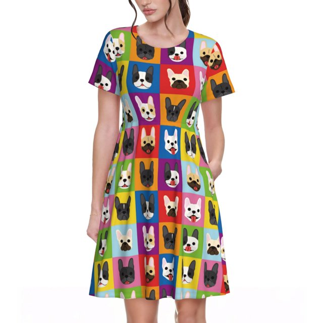 Disketp Colorful Bulldog para Vestido de Manga Corta para Mujeres, Vestidos de Verano para Mujeres, Casual y Holgado para la Playa