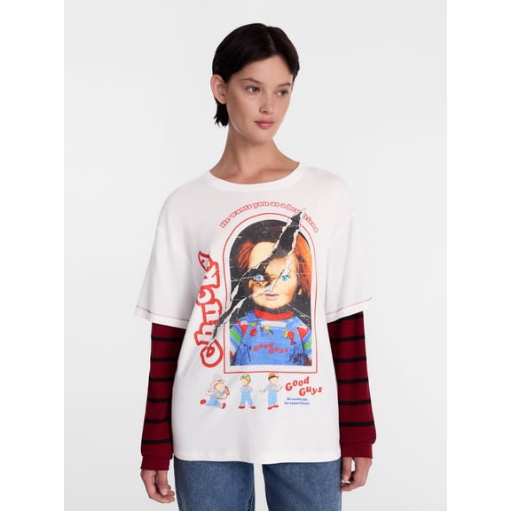Chucky Women's Halloween Layered Look Graphic Tee with Long Sleeves, Sizes XXS-XXL