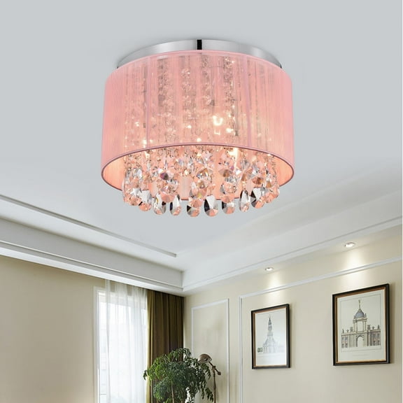 3 Light Pink Chandelier Drum Flush Mount Chandelier Crystal Ceiling Light Fixture Girl's Bedroom Chandelier
