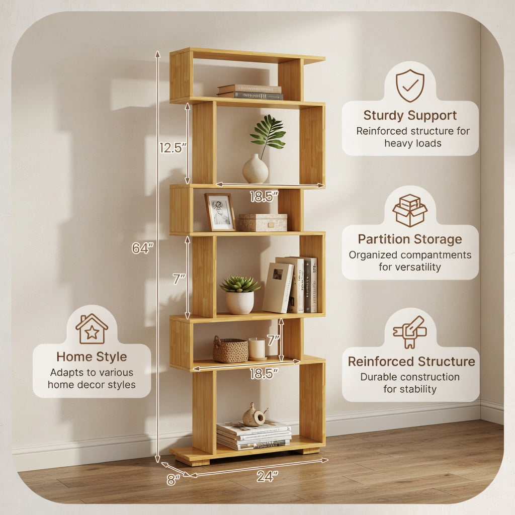 GVN 6-Tier Geometric Open Bookshelf Stylish Modern Display Bookcase with 2 Anti-Tipping Kits Stable Structure for Home Office Study Living Room Storage Furniture, Wood