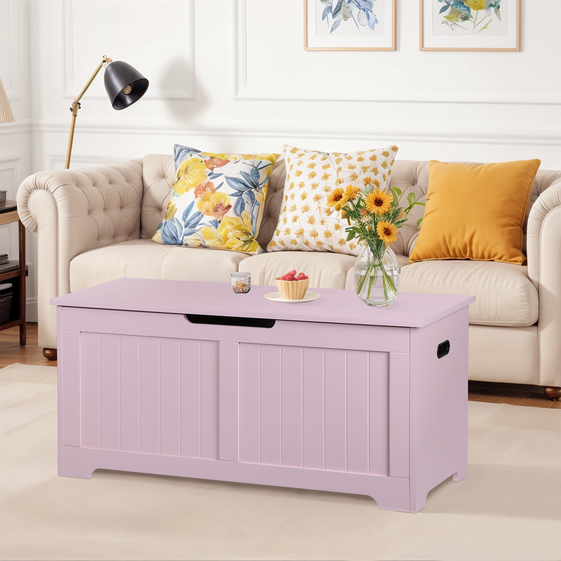 ZenSports 39''L Wooden Storage Chest Bench Box W/Safety Hinged Lid for Entryway, Bedroom Pink