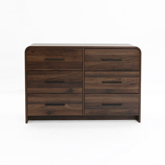 LuxenHome Modern Walnut Finish 6-Drawer Dresser, Engineered Wood Storage Chest with Rounded Corners