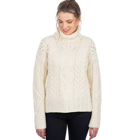 SAOL Irish Aran Sweater 100% Super Soft Premium Merino Wool Cable Knit White Turtleneck Pullover for Women Made in Ireland