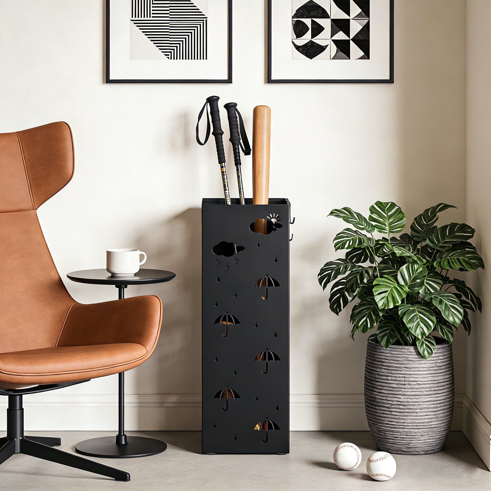 Garvee Metal Umbrella Stand for Entryway, Square Umbrella Holder with Removable Drip Tray and 4 Hooks, Heavy Duty Steel Umbrella Rack for Office, Home and Gift Wrap Tubes