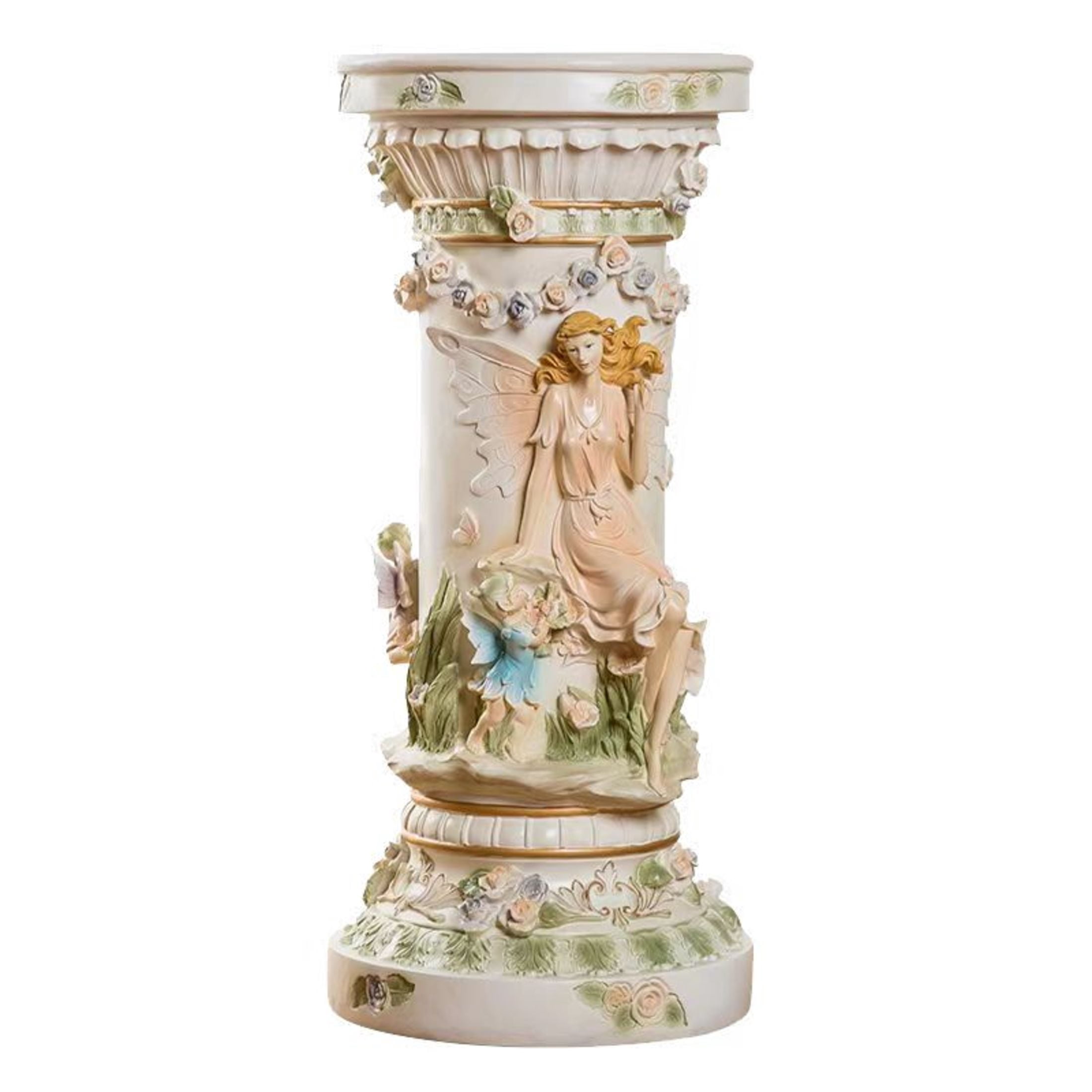 GDF Studio 32" Vintage Fairy & Floral Carved Roman Column Pedestal, Garden Display Stand for Statues & Ornaments