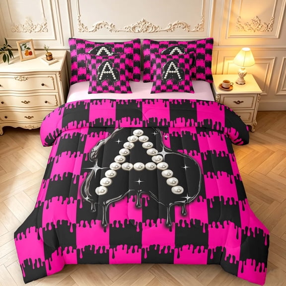 Manfei Fashion Grid Initial A 7-Piece Twin Bedding,Pearl Print Bedding Comforter Set,Black Pink,Pink Reversible