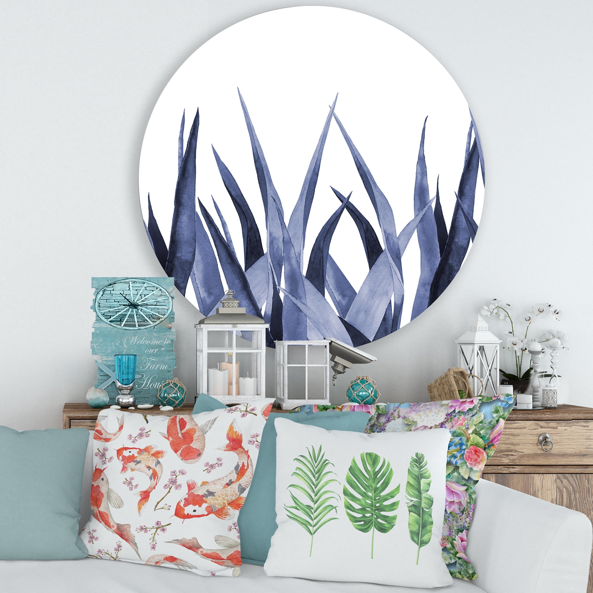 Designart 'Close Up Navy Blue Agave Leaves' Traditional Circle Metal Wall Art 29x29 - Disc of 29