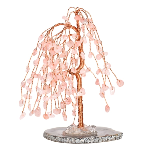Inteprter Elegante decoración de escritorio de árbol, cristal natural hecho con centro de gravedad bajo, símbolo de la suerte, adorno Decoración del hogar Rosa