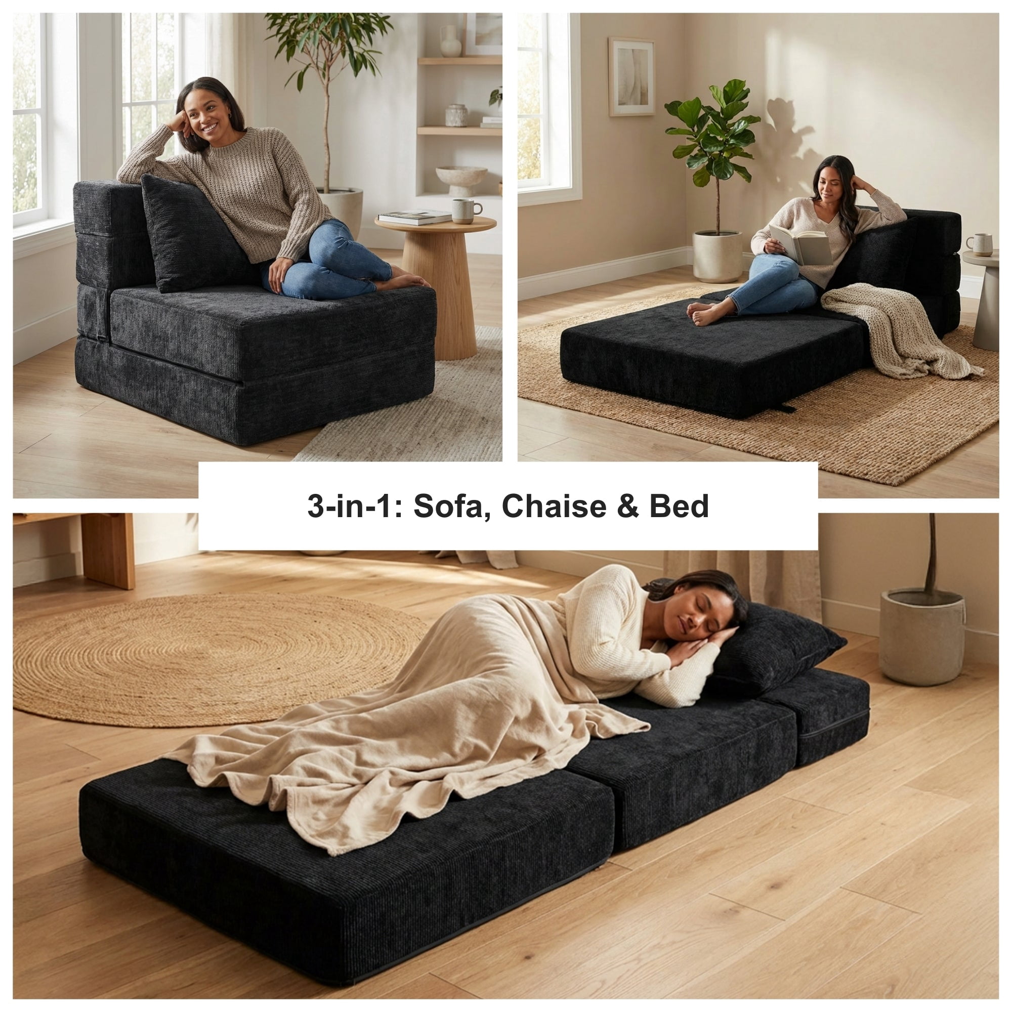 Oak and Birch 3-in-1 Folding Floor Sofa Bed, Convertible Floor Sofa to Chaise & Sleeper with Lumbar Pillow for Apartment, Dorm & Small Spaces, Chenille, Black