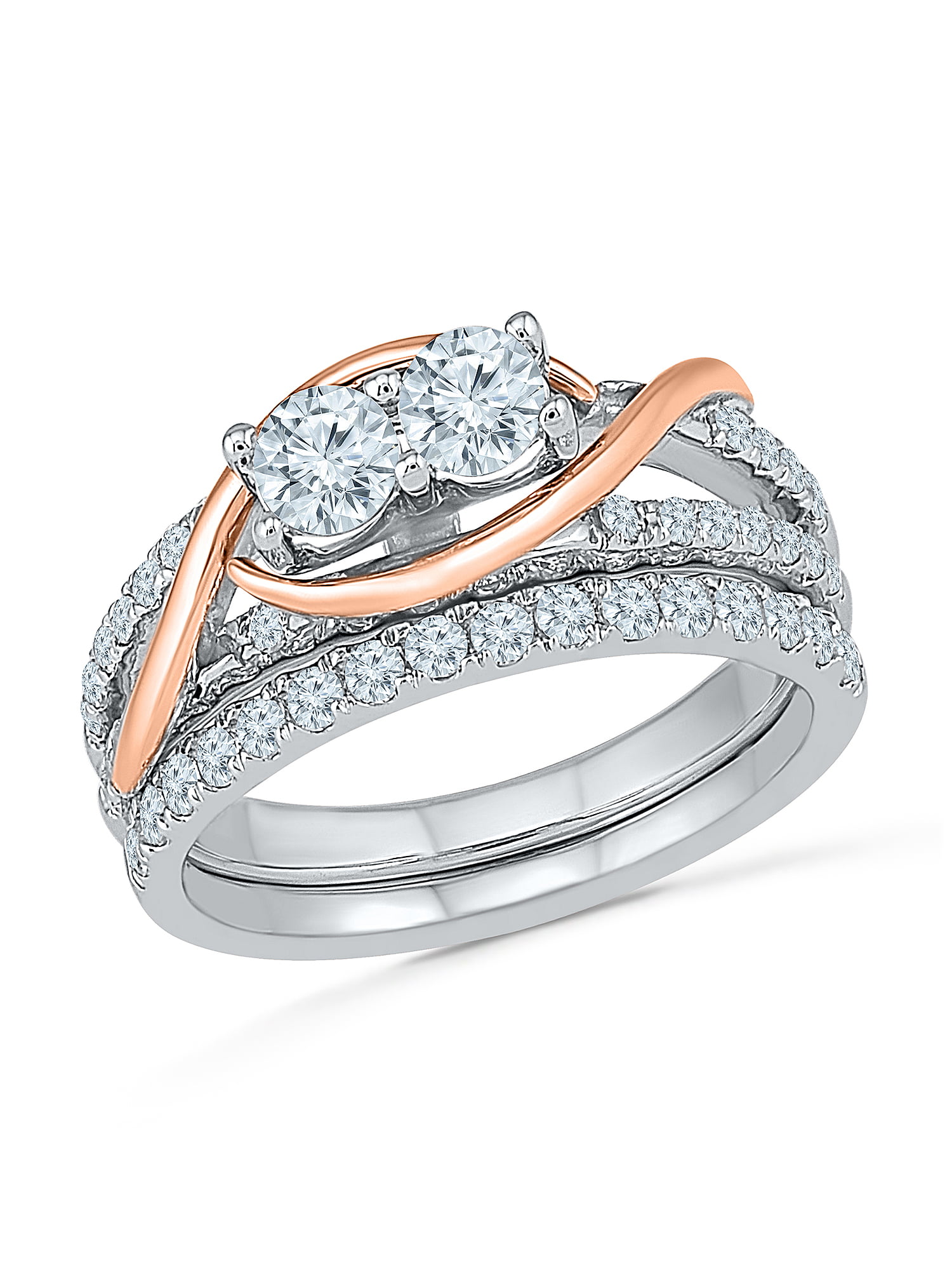 D-Gold - 10 KT Two Tone Gold Two Stone White Round Diamond Fashion Ring ...