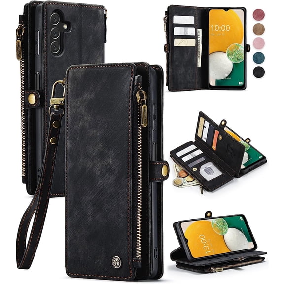 Galaxy A13 5G Wallet Case, PU Leather, Magnetic Flip, Zipper Card Holder, Wristlet, Black