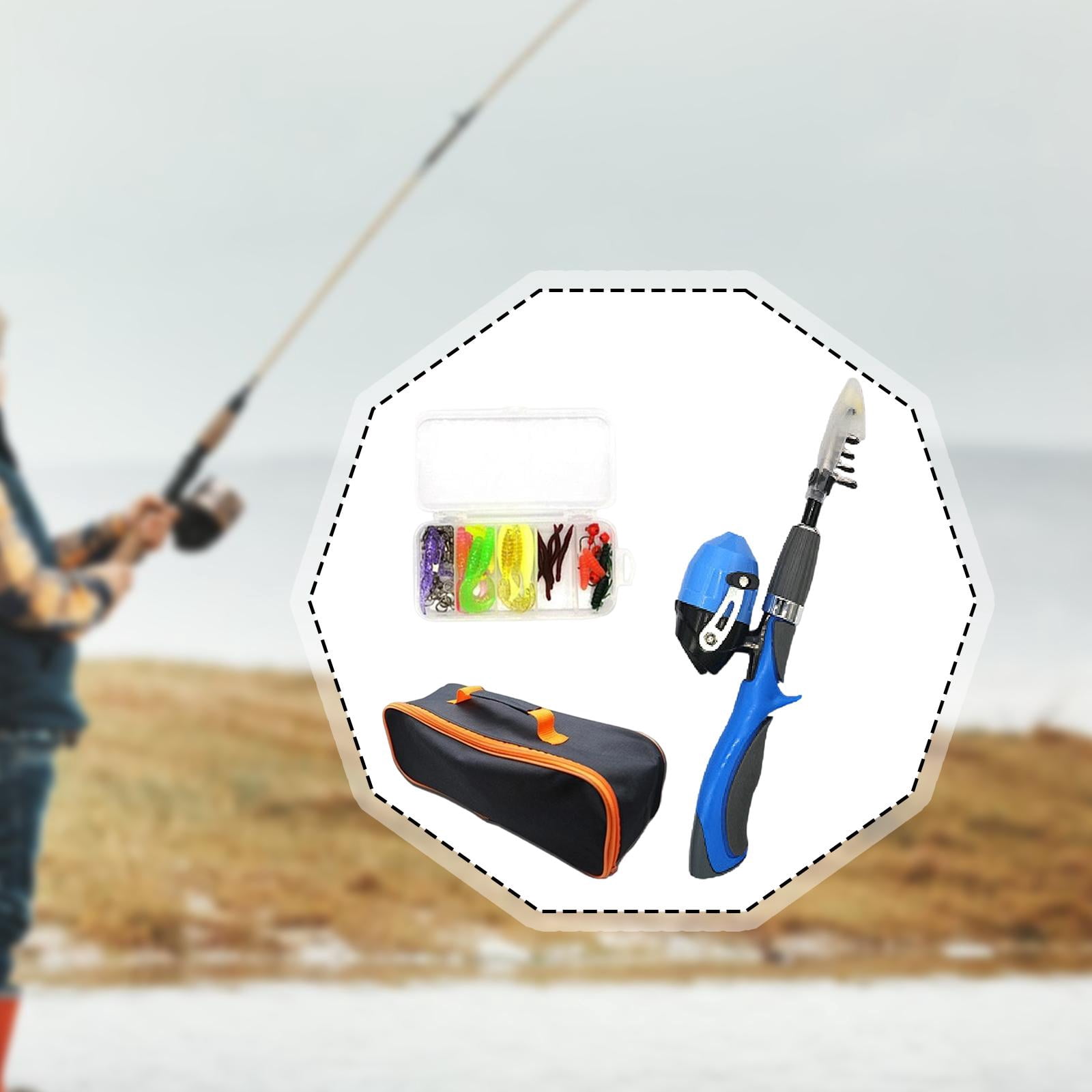 Wswqop Beginner Kids Fishing Rod and Reel Set Portable Telescopic Mini Fishing Pole Kit Blue