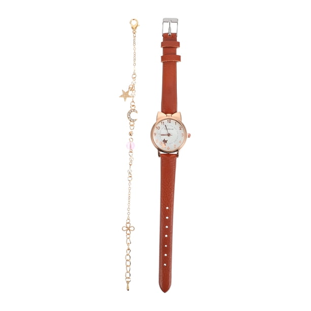 EeaseMX 1 Juego de pulsera y reloj para mujer, correa de cuero, reloj de pulsera de cuarzo, regalo de Navidad