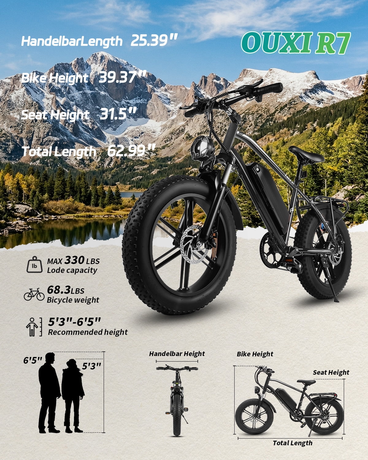 OUXI Electric Bike for Adults, Peak 1000W Electric Bicycle, 48V/13Ah Battery, Up to 25MPH, 20'' Fat Tire Ebike, 38 Miles Range Mountain Bike for Cycling, 7 Speed E Bike, E-bike UL2849