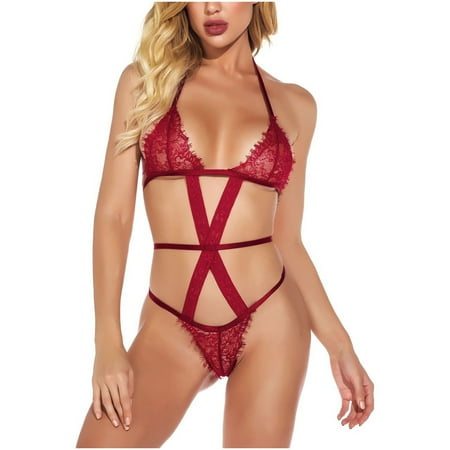 

LONKITO Black Women Wireless Bra Sexy Underwear G-String Garter Set Black Sexy Lingerie Red L Gifts