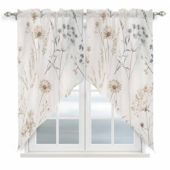 Beige Black Botanical Kitchen Window Curtains, Swag Curtains Valance for Bedroom Living Room Bathroom, Watercolor Floral Vintage Rod Pocket Window Treatment Curtain Block Drapes 2 Panels 36"x45"