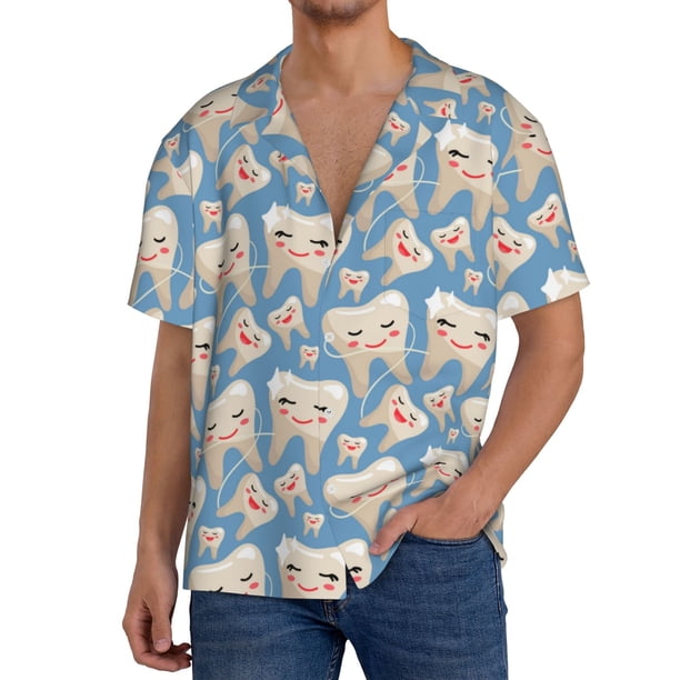 Balery Funny Cute Healthy Teeth Camisa Casual de Manga Corta con Botones para Hombre, Texturizada, Estilo Cubano, para Playa, Verano-Small