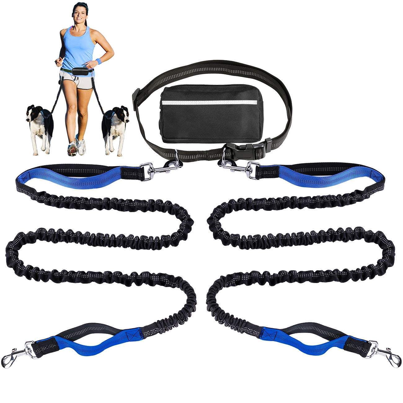 Hands Free Dog Leash for Running Walking Training Hiking, Dual-Handle Reflective Bungee, Poop Bag Dispenser