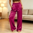 thumbnail image 4 of CHGBMOK Plus Size Satin Casual Pants for Women High Waisted Straight Leg Lounge Pants Drawstring Loose Trouser with Pockets, 4 of 9