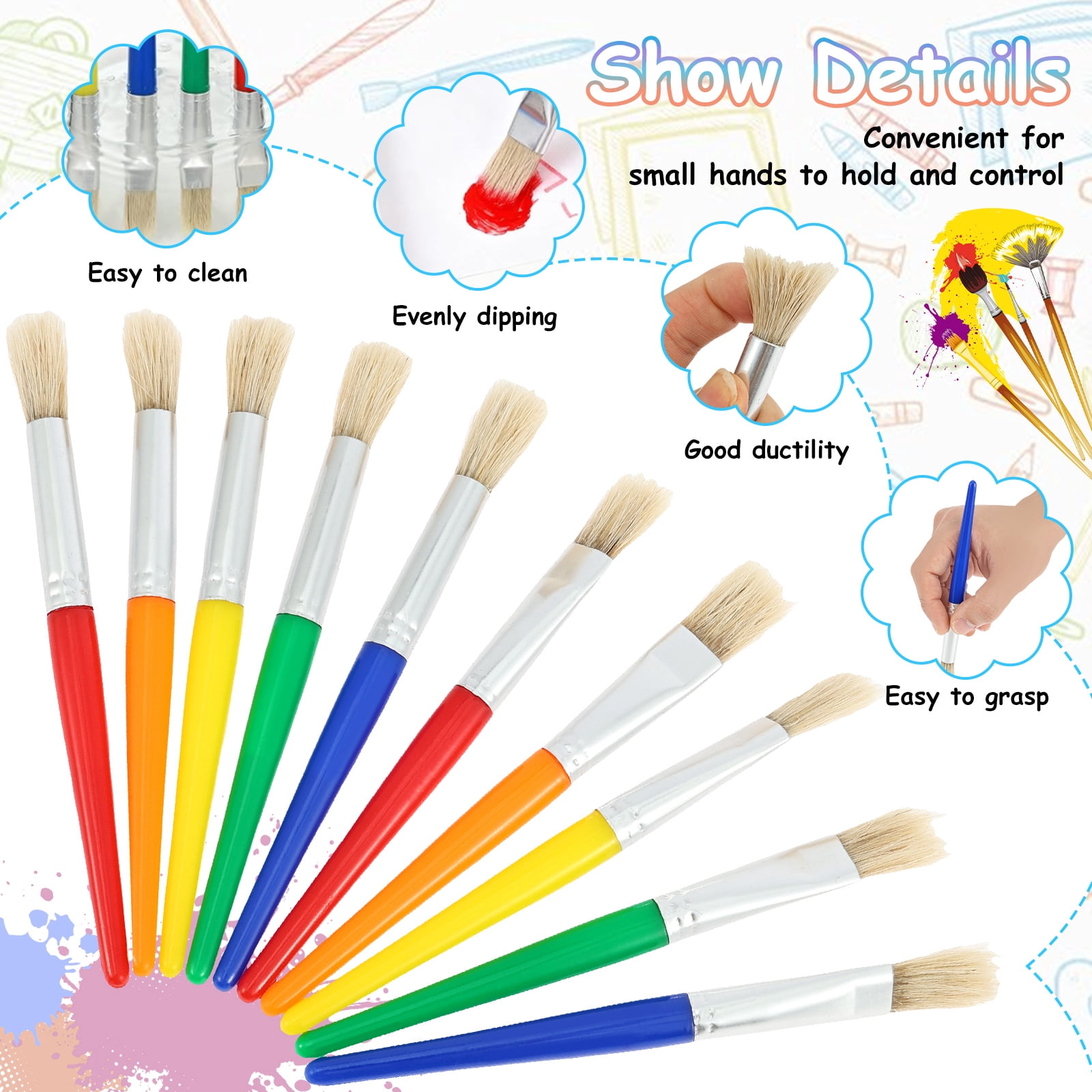 48Pcs Toddler Paint Brushes Set, Large Chubby Round & Flat Brushes with Plastic Handle – for Kids Beginners, Washable & Acrylic Paint Art Supplies