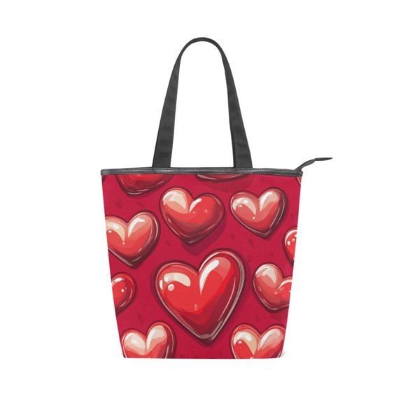Zipper canvas bag, large capacity large size practical handbag, durable Canvas with leather material, DIY personalized pattern customization. Red 3d Hearts