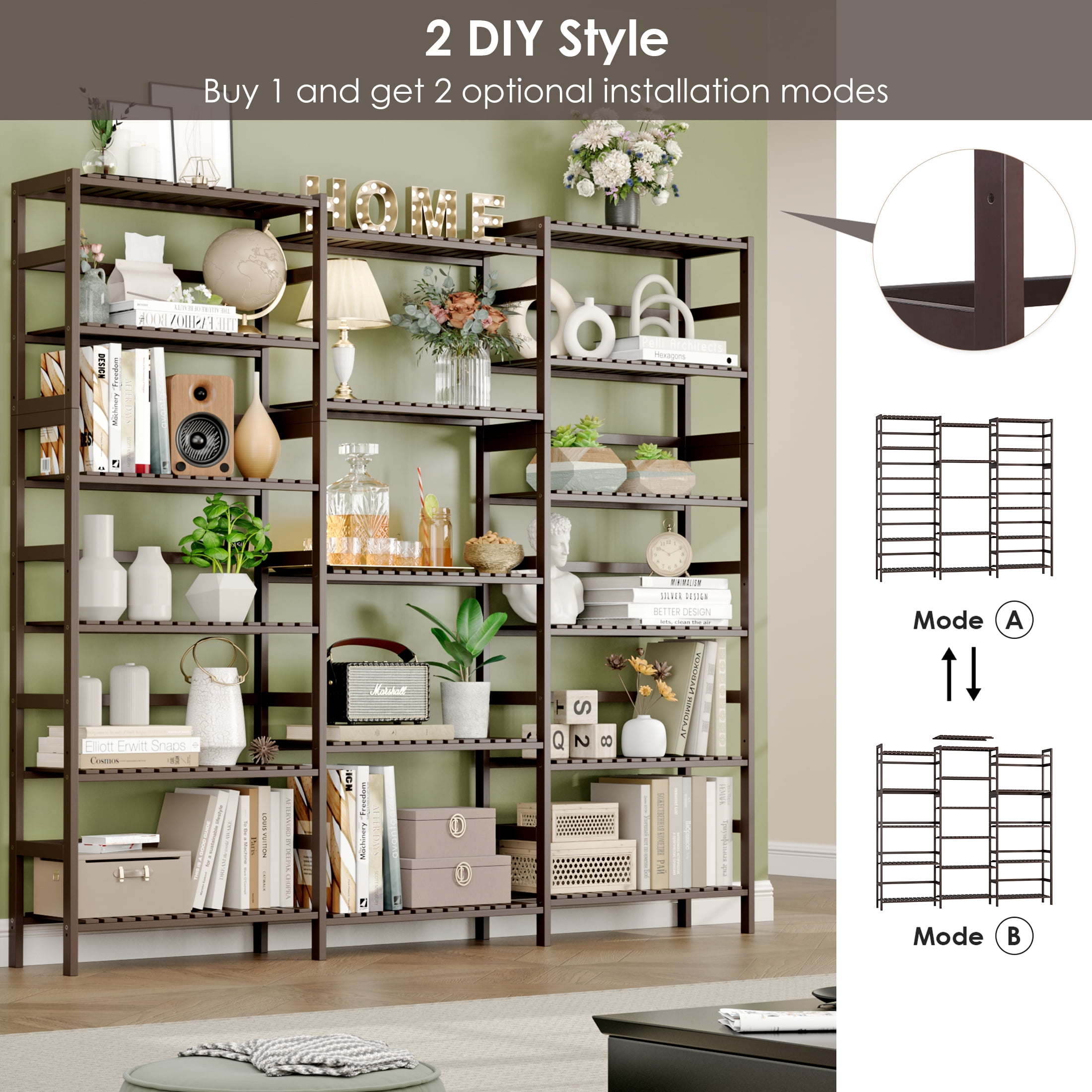Homfa Triple Wide 6-Tier Bamboo Bookshelf, 5ft Tall Bookcase Homfa Triple Wide 6-Tier Bamboo Bookshelf, 5ft Tall Bookcase