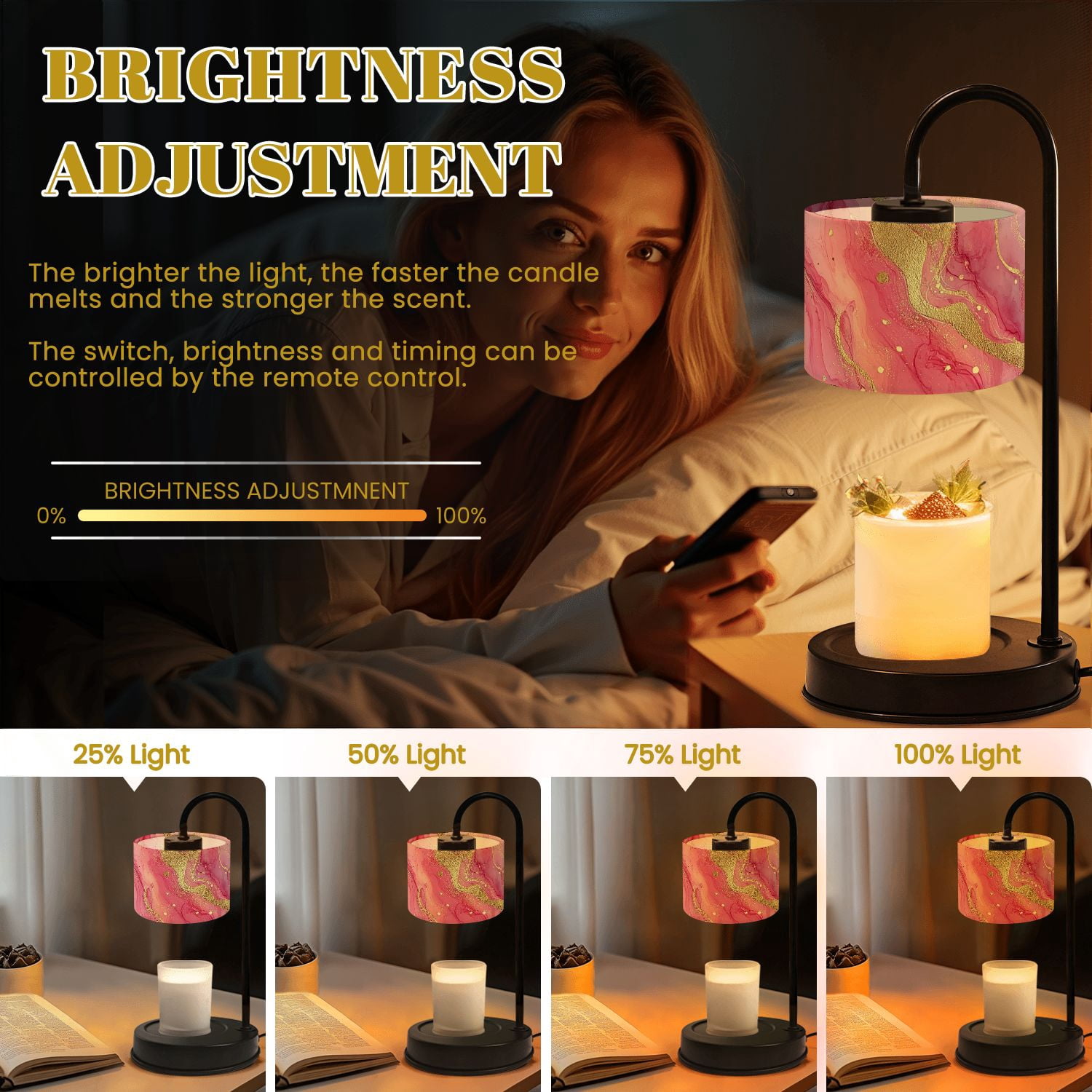 Candle Warmer Lamp with Timer Dimmer Abstract Pink Gold Fluid Art Elegant Swirls Bold Accents Candle Lamp Warmer for Jar Candle with 4 Bulbs Gifts for Women House Warming Gifts