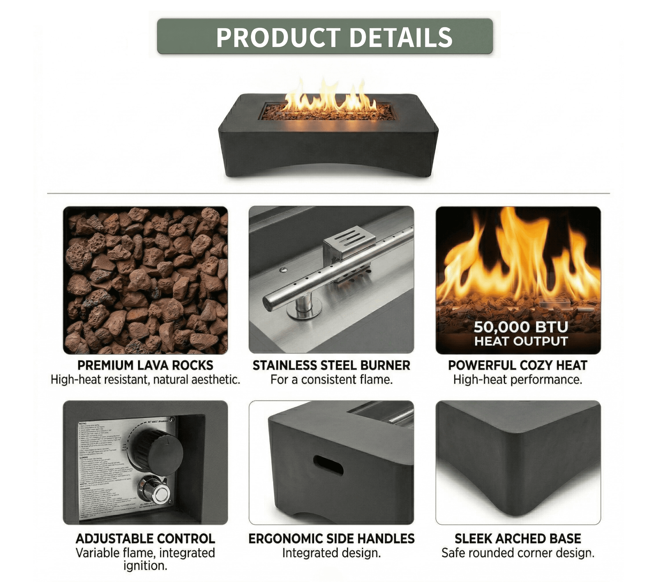 56" Propane Fire Pit Table, 50,000 BTU Outdoor Gas Fireplace, Rectangular Lightweight Concrete Fire Table with Waterproof Cover, Tank Seat & Lava Rocks, Modern Gray Patio Heater for Backyard & Deck