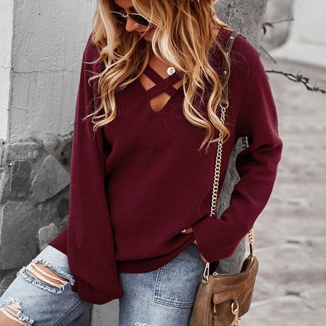 Pntutb Mujer Casual Moda Sólido Hollow Out Pullover Manga larga Cuello en V Suéter Pntutb Pntutb-2917