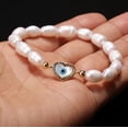thumbnail image 2 of Pulsera elástica de perlas naturales de agua dulce, brazalete con cuentas de arcoíris, conector CZ, regalo para niñas, 2 of 4