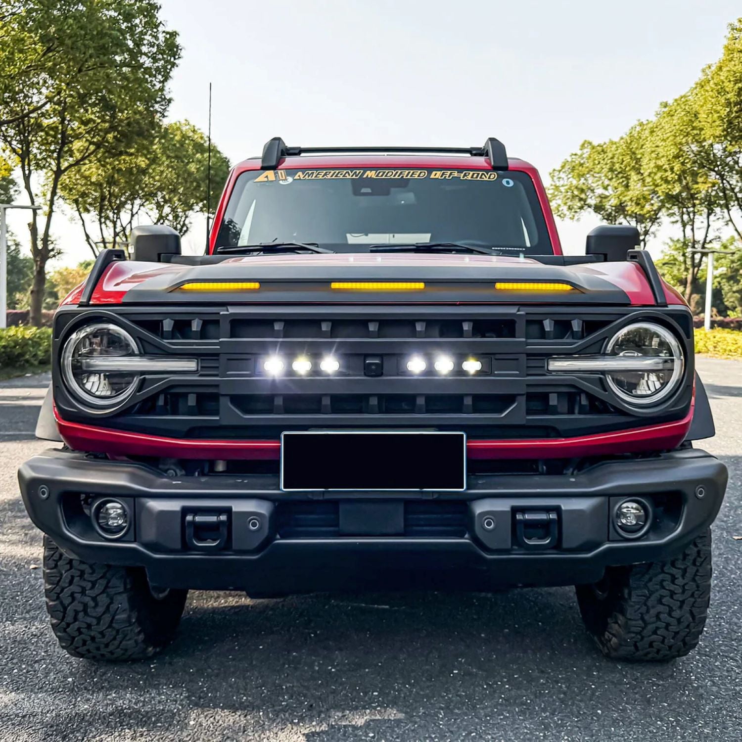 AMERICAN MODIFIED Front Hood Deflector Protector Stone Guard W/LED Amber Lights For 2021-2025 Ford Bronco 2 & 4 Door