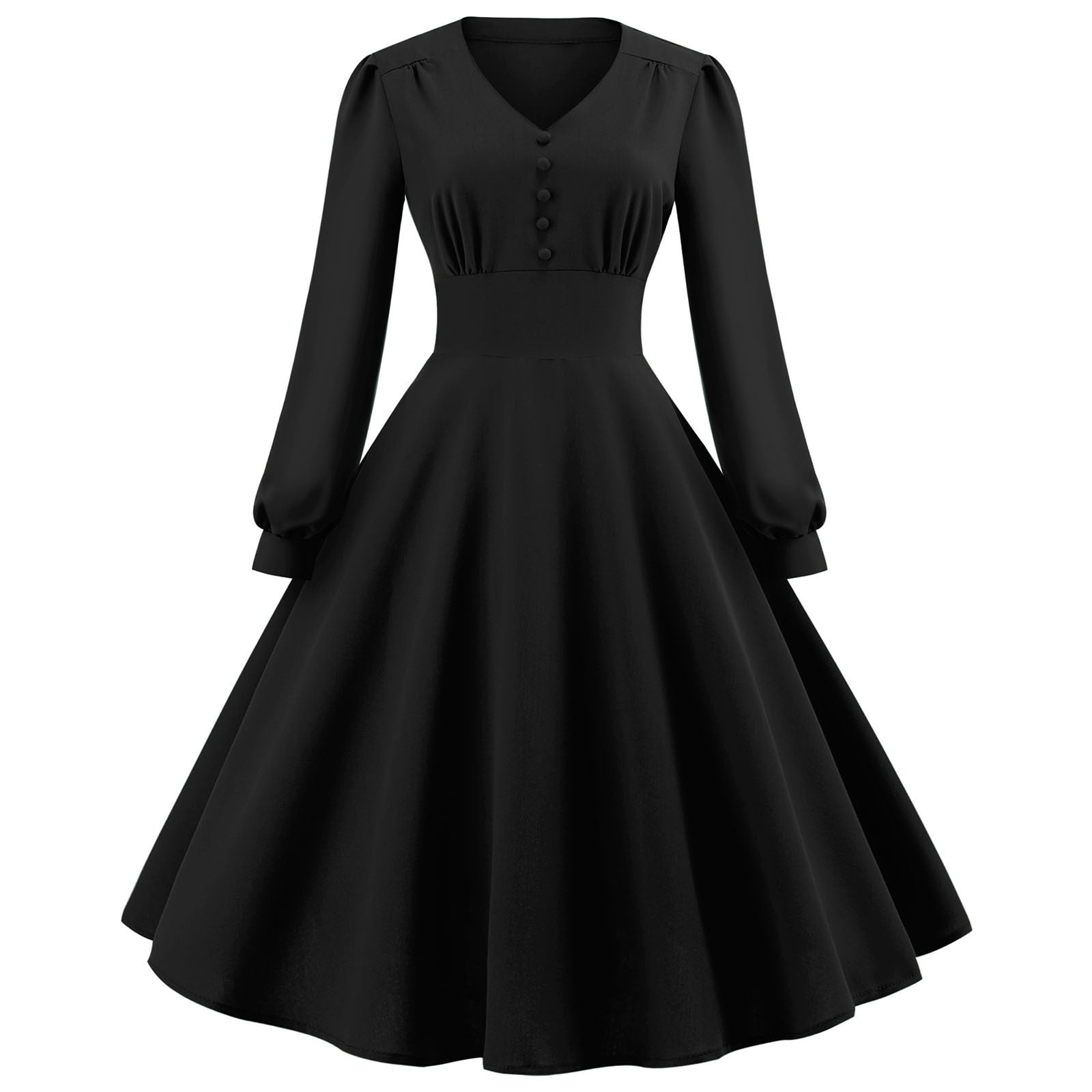 Women's 1950s Retro Cocktail Dress V Neck Button Long Sleeve Swing Dress High Waist A Line Midi Prom Dress -