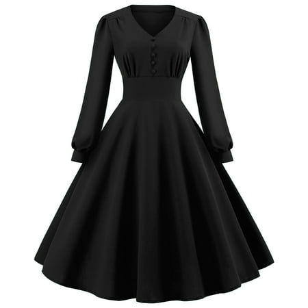 

Njoeus Wedding Guest Dresses for Women Long Sleeve Womens Fall Dress Long Sleeve Women s Solid Color Long Sleeve V Neck Retro High Waist Makings Dres