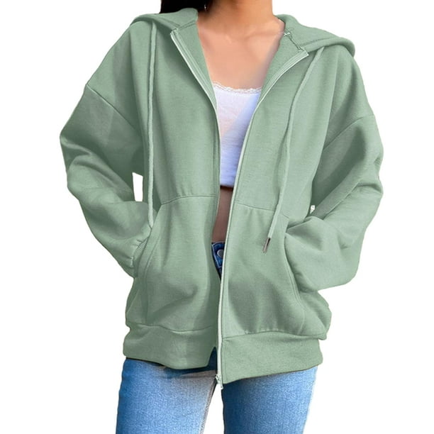 Fashion Women's Full Hoodie Retro Hooded Jacket with Zipper Womens Hoodie  Jacket with Sweatshirt Solid Color Sweatshirt Coat for Women - Green 2XL 