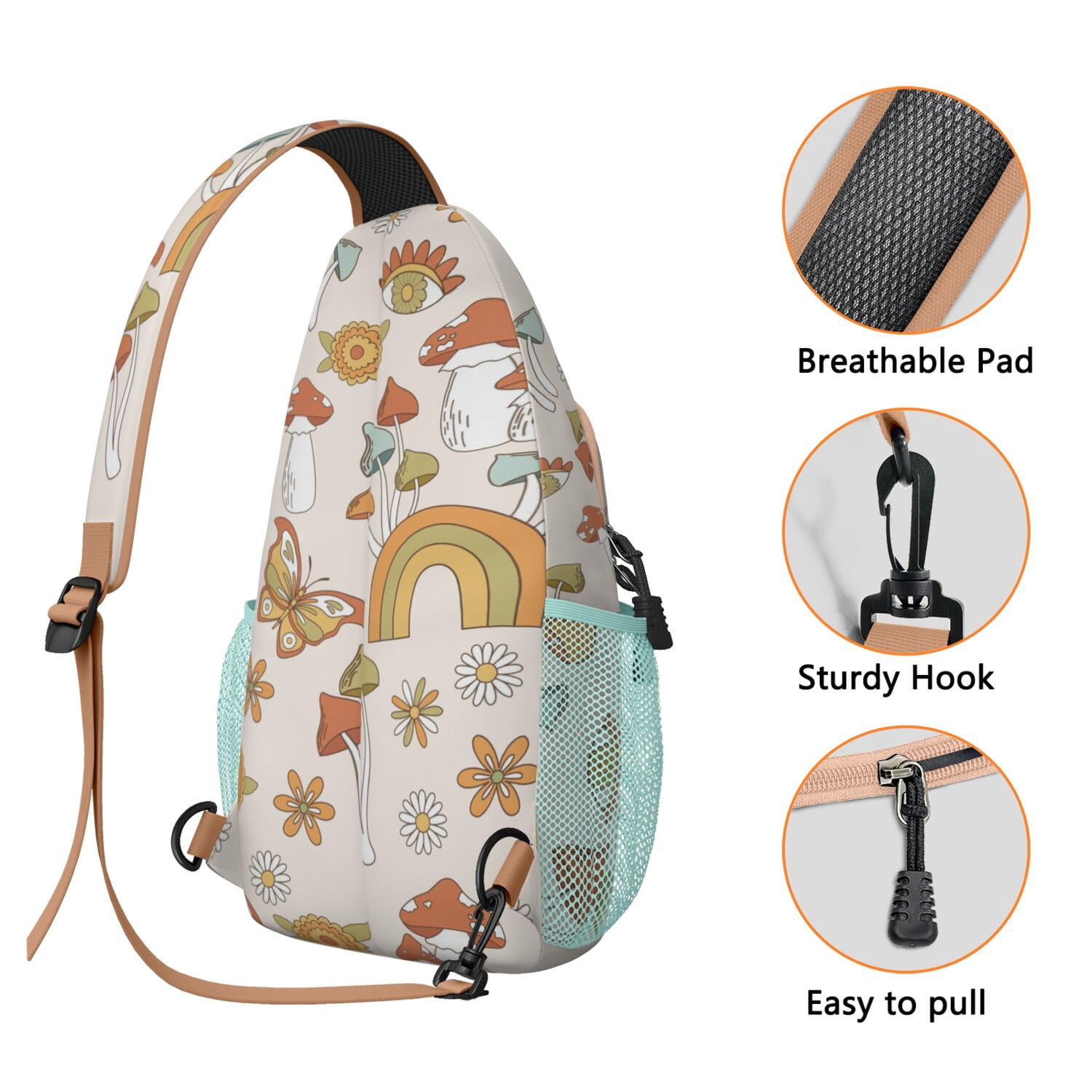 Vintage Mushroom Sling Bag for Men & Women - Anti-Theft Crossbody Backpack with Spacious Pockets - Durable & Comfortable for Hiking, Biking & Travel