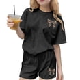 thumbnail image 2 of Girls 2 Piece Outfits Leopard Print Bow Graphic Tee and Shorts Set Cotton Feel Loungewear Black,Size 11-12T, 2 of 6