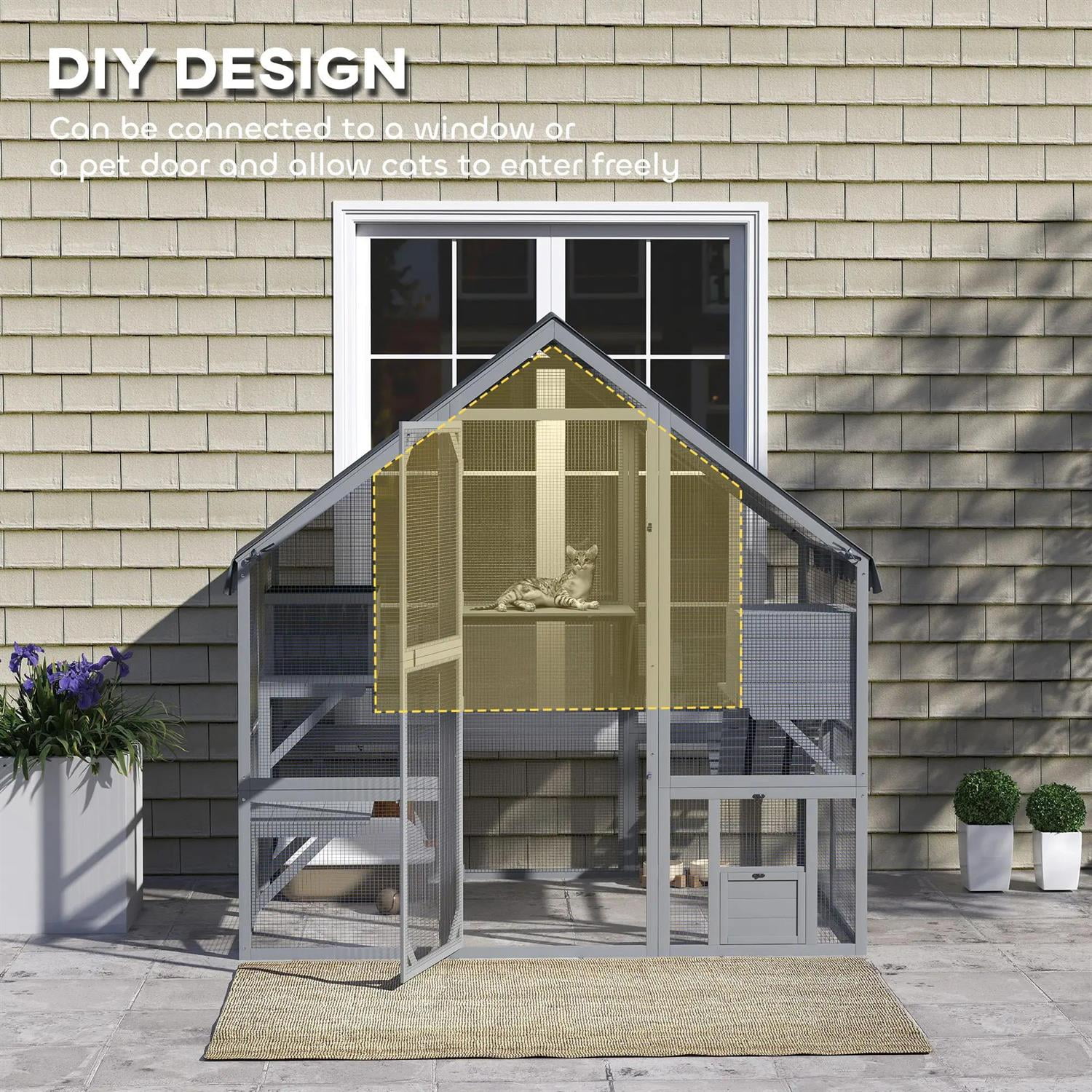 Pefilos 73" Outdoor Cat Cage with Waterproof Cover, 2 Condos, 4 Platforms, Bridge, Wooden Catio House for 2-3 Kittens Cats, Indoor Cat Enclosure, Gray